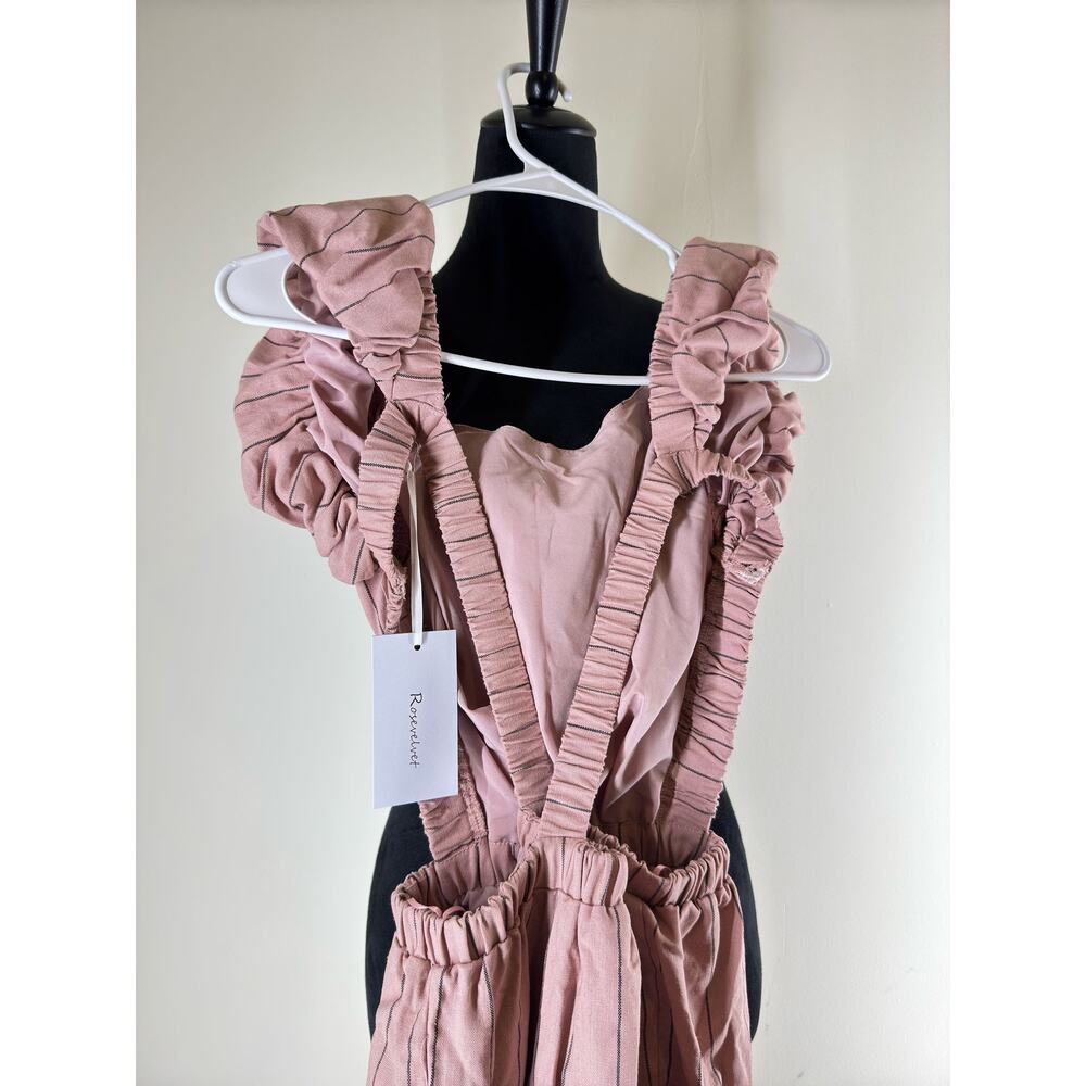 NWT Rosevelvet Puff Shoulder Mauve Pinstripe Criss-Cross Jumpsuit Sz L - Picture 4 of 6